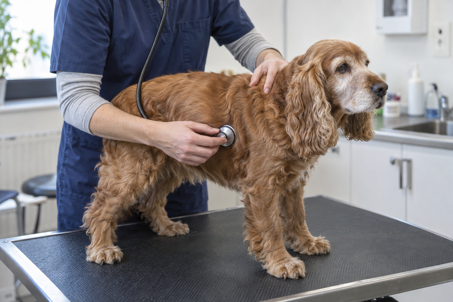 Veterinár počúva srdce staršieho kokeršpaniela počas kontroly